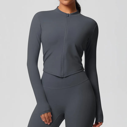 Zipper Women Outdoor Running Fitness Wear T-shirt Long Sleeved Top Yoga Jacket Long sleeved Shirt Gym Push Up Workout Coat XP260