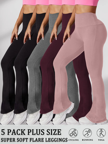 5 Pack Plus Size Women's Super Soft High Waisted Flare Pants, Leggings Tummy Control Soft Bootleg Bell Bottoms Running