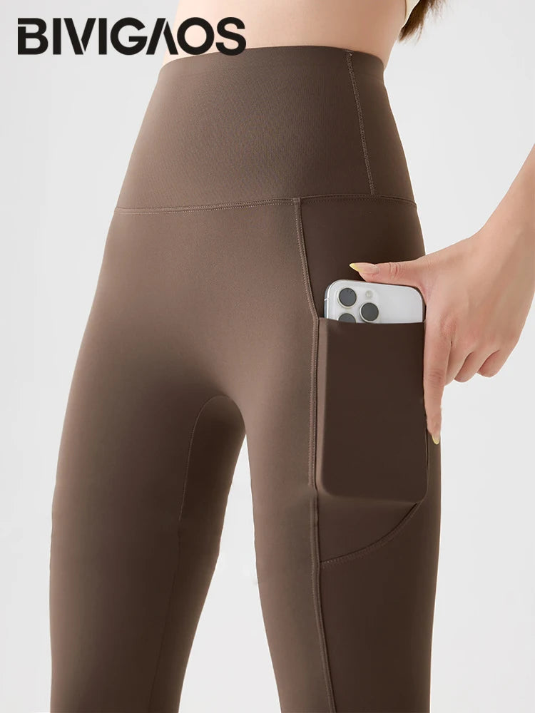 BIVIGAOS Spring Autumn Double Side Pocket Sharkskin Leggings Women Tight Elastic High Waist Sports Fitness Running Leggings