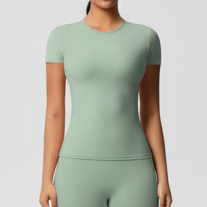 Women Running Sports T Shirt Summer Short Sleeve Round Neck Breathable Stretchy GYM Yoga Slim Fitness Active Top