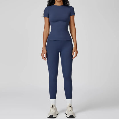 2PCS Yoga Set Women Tracksuits Seamless Workout Set Sportswear Gym Clothing Fitness Sshort Sleeve Crop Top High Waist Leggings