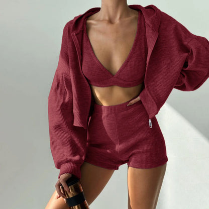 Solid Sport 3 Piece Set Crop Vest Hoodie Tracksuit Women Casual Sweatshirt Coat Mini Short Matching Set Sportswear 3 PCS Outfit