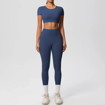Yoga Suit Women Leggings with Pocketed Quick-Drying Gym Set Women Tracksuit Running Workout Short Sleeves Sports Yoga Clothing