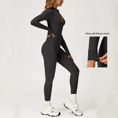 VITALINOVO Fleece Lined Long Sleeve Jumpsuits for Women Full Zipper Bodysuit Workout Full Length Bodycon Scrunch Leggings Onesis