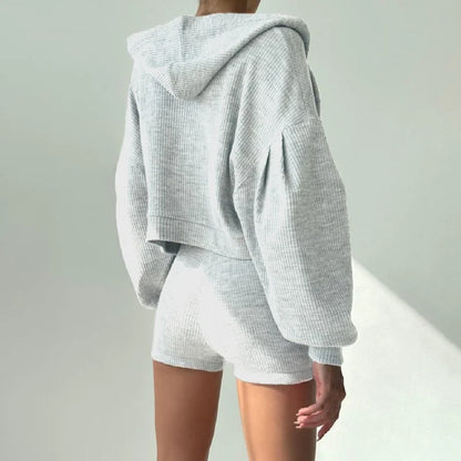 Solid Sport 3 Piece Set Crop Vest Hoodie Tracksuit Women Casual Sweatshirt Coat Mini Short Matching Set Sportswear 3 PCS Outfit