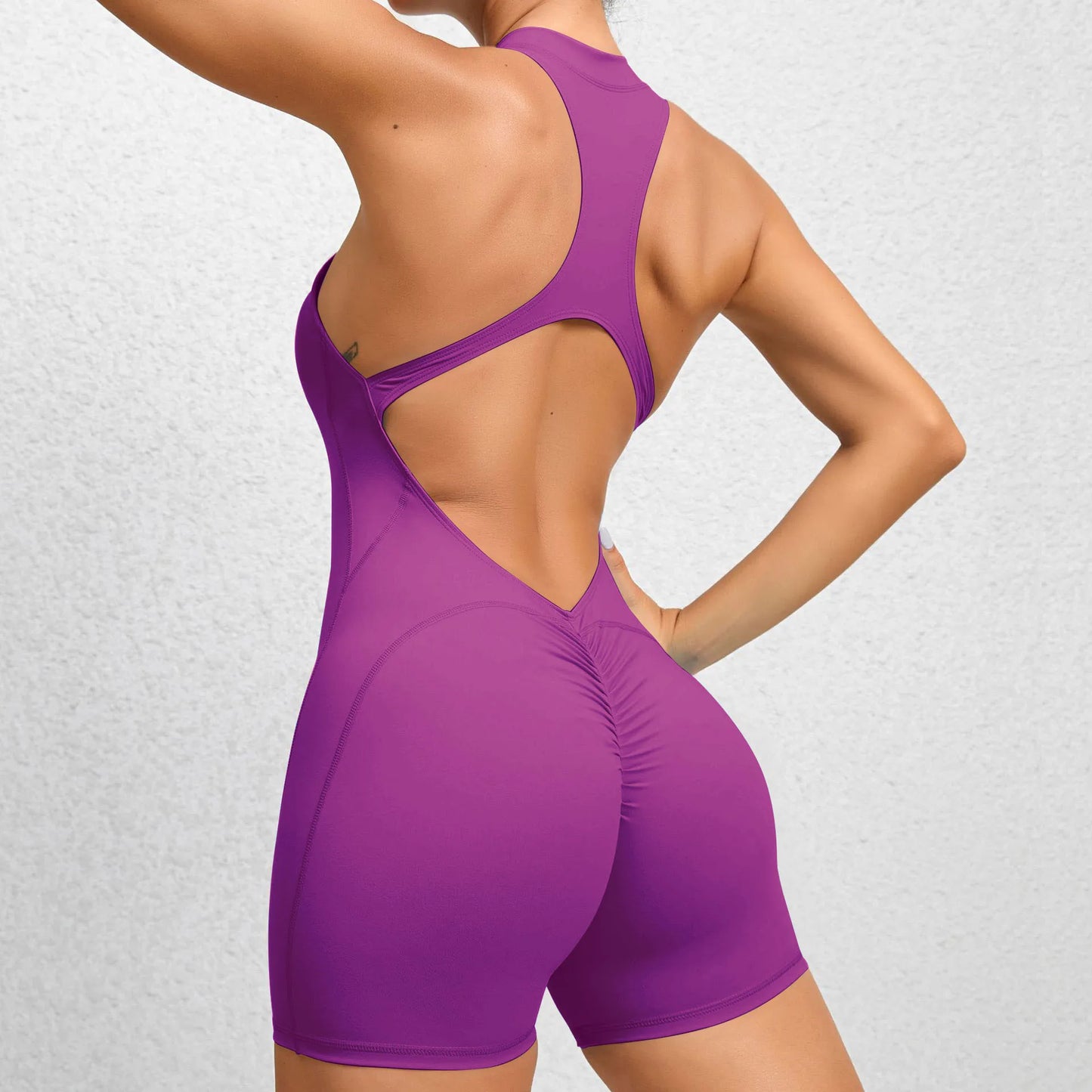 V Back Scrunch One-Piece Suit Push Up Sports Jumpsuit Woman Fitness Zipper Overalls Workout Rompers Women Gym Bodysuits Female