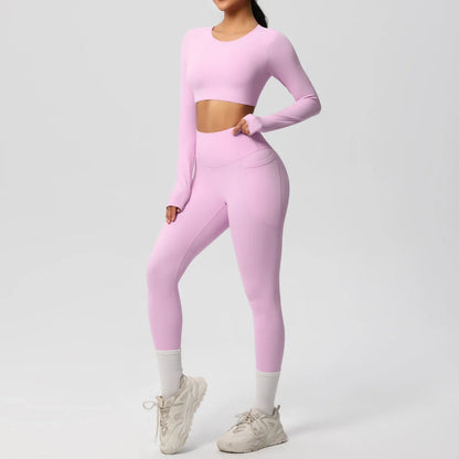 Yoga Set Women Sportswear Yoga Clothes Fitness Long Sleeve With Padded Tracksuits Sports Suit Gym Top High Waist Leggings Pocket