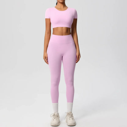 Yoga Suit Women Leggings with Pocketed Quick-Drying Gym Set Women Tracksuit Running Workout Short Sleeves Sports Yoga Clothing