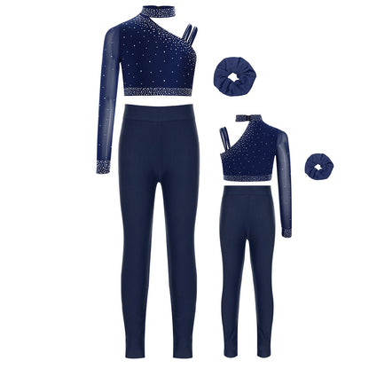 Girls Ballet Dance Outfit Unique Irregular Shoulder Rhinestones Crop Top with Hairband Leggings for Figure Skating Gymnastics