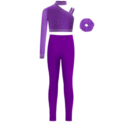 Girls Ballet Dance Outfit Unique Irregular Shoulder Rhinestones Crop Top with Hairband Leggings for Figure Skating Gymnastics